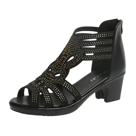 Tangnade Casual Shoes Fashion Womens Chunky High Heels Breathable Lace Up Rhinestone Shoes Casual Sandals