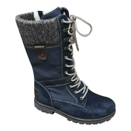 Duretiony Women s Flat Lace Up Mid Calf Boots Ladies Biker Riding Winter Warm Shoes