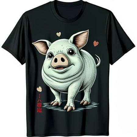 Adorable Light Blue Cartoon Pig Graphic on Black T-Shirt with Hearts & Chinese Symbol
Adorable Light Blue Cartoon Pig Graphic on Black T-Shirt with Hearts & Chinese Symbol
