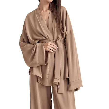 Women Chiffon Pajamas Two-piece Outfits Long Sleeve Belted Robe Wide Leg Loungewear Pajama Set Solid Color Loose Sleepwear
Women Chiffon Pajamas Two-piece Outfits Long Sleeve Belted Robe Wide Leg Loungewear Pajama Set Solid Color Loose Sleepwear