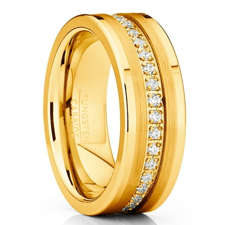 Men's Goldtone Tungsten Ring Wedding Band Cubic Zirconia Comfort-Fit 8MM