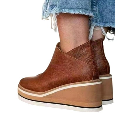 WEARELLAS Womens Ladies Side Zip Up Wedge Ankle Boots Winter Fall Spring Slip On Platform Flat Booties Shoes Size