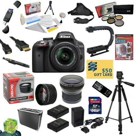 Nikon D3300 Digital SLR Camera with 18-55mm NIKKOR VR II Lens With 32GB SDXC Card, 2 Batteries, Charger, 0.20X + 2.2x Lens, 5 PC Filter, Case, Remote, Tripod, Grip Strap + X-GRIP, DVD, $50 Gift Card!