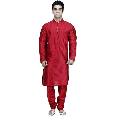 Royal Kurta Silk Blend Loop Button Kurta Pyjama Set For Men (42 Zeegan Red)