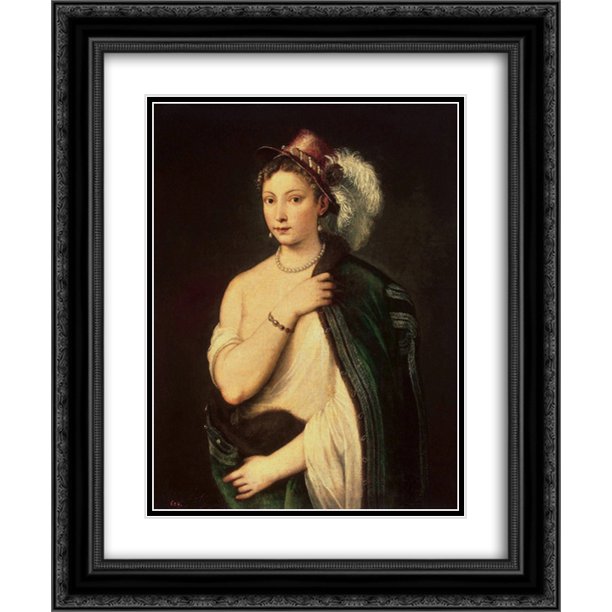 Titian 2x Matted 20x24 Black Ornate Framed Art Print 'Portrait of a young woman with feather hat'