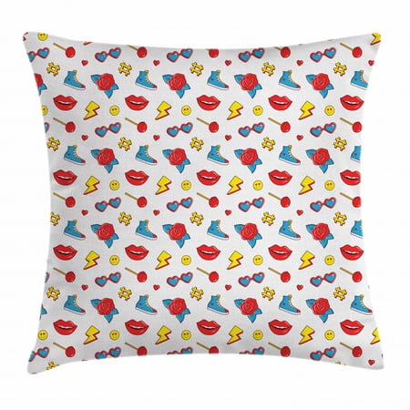 Emoji Throw Pillow Cushion Cover, Hipster Pop Art Theme 90s Fashion Comic Book Figures Lollipop Shoes Lips Roses, Decorative Square Accent Pillow Case, 16 X 16 Inches, Yellow Red Blue, by Ambesonne