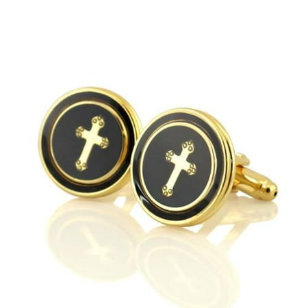 Zodaca Pretty Men's Dress Black Copper Round With Cross Cufflinks Cuff Links