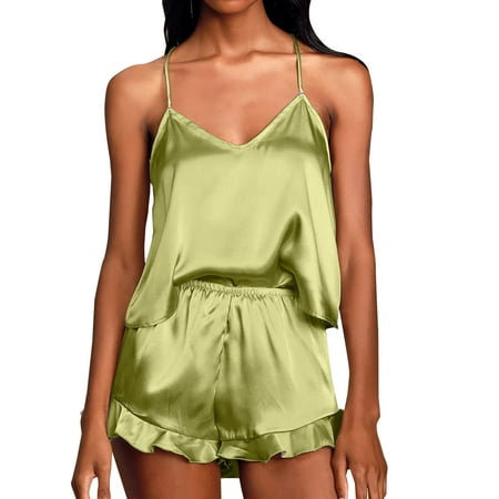 

Mrat Nightshirts for Women Pajama Sets Casual Women s Pajamas Womens Nightgowns & Sleep Shirts Ladies Bathrobes Print Colorblock Frill Hem Set Housewear Suspender Suit Green_B L