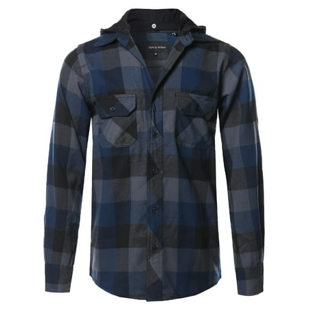 FashionOutfit Men's Flannel Woven Long Sleeves Detachable Hood Button Down Shirt