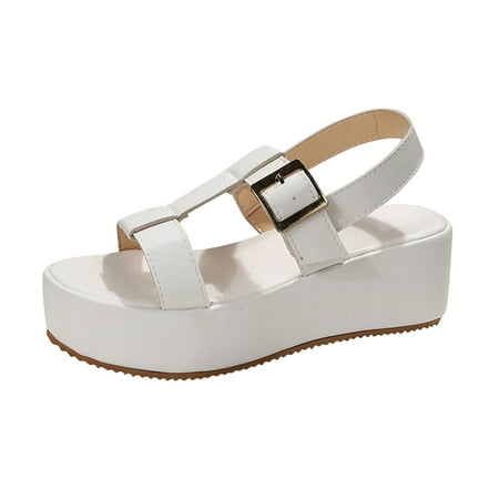 

SEMIMAY Ladies Fashion Summer Solid Color Leather Open Toe Open Toe Buckle Thick Sole Roman Sandals White