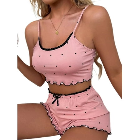 

Capreze Women Pajama Set Sleeveless Sleepwear Polka Dot Casual Lingerie Scoop Neck Ladies Lounge Bow Sexy Ruffled Pink Black S