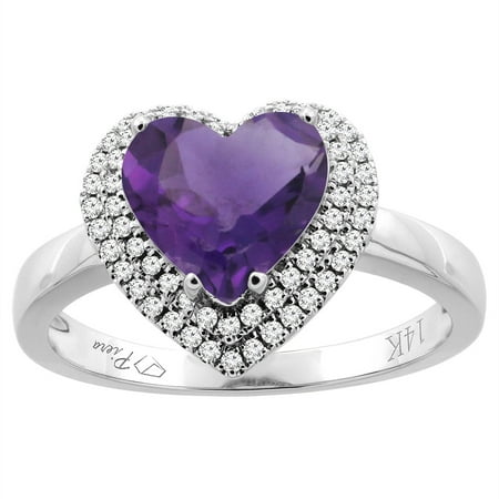 14K White Gold Natural Amethyst Ring Heart Shape 8 mm Diamond Accents, size 6.5