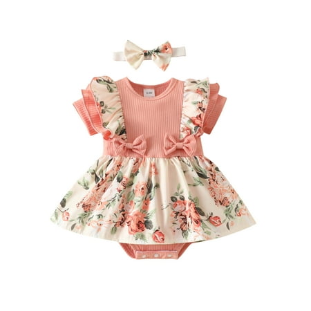 Infant Baby Girls Romper Dress Knit Rib Floral Print Short Sleeve Skirt Hem Jumpsuits Summer Casual Bodysuits with Headband
Infant Baby Girls Romper Dress Knit Rib Floral Print Short Sleeve Skirt Hem Jumpsuits Summer Casual Bodysuits with Headband