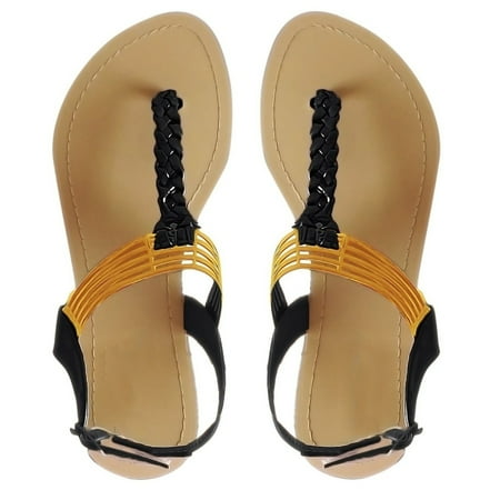 Peach Couture Roman Gladiator Sandals Back Buckle Braided Thong Flat Heel