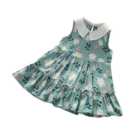 DTBPRQ Toddler Baby Girl Sleeveless Sun Dress Floral Seaside Babydoll Collar Beach Dress Overall Outfits Onepiece