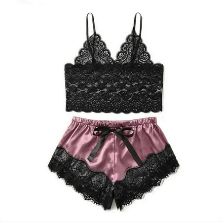 ZXHACSJ New Women Lace Satin Wireless Bra Camisole Pajamas Sleepwear Bowknot Shorts Set Black S
ZXHACSJ New Women Lace Satin Wireless Bra Camisole Pajamas Sleepwear Bowknot Shorts Set Black S
