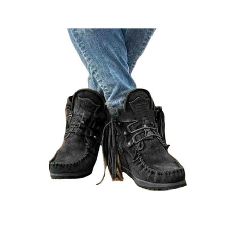 Eloshman Womens Tassel Boots Faux Suede Ankle Boot Lace Up Wedge Heel Booties Walking Comfortable Retro Bootie Casual Wedges Black 5
Eloshman Womens Tassel Boots Faux Suede Ankle Boot Lace Up Wedge Heel Booties Walking Comfortable Retro Bootie Casual Wedges Black 5