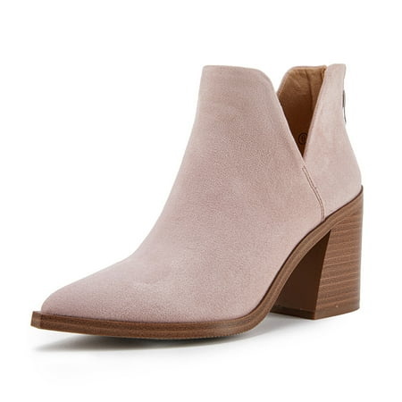 Dellytop Womens Pointed Toe Cutout Stacked Slip On Chunky Block High Heel Booties
