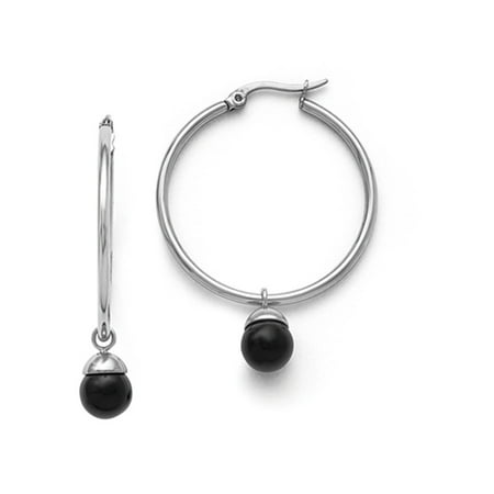 Black Agate Bead Drop Round Hoop Earrings in Stainless Steel - 35mm