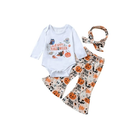 Bowanadacles Baby Girl Halloween Outfits Pumpkin Print Romper Bell-Bottom Pants Set
Bowanadacles Baby Girl Halloween Outfits Pumpkin Print Romper Bell-Bottom Pants Set