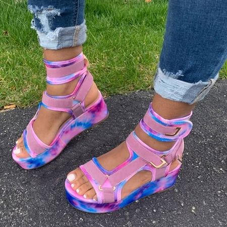 Platform Sandals For Womens Open Toe Ankel Strap Flats Comfortable Beach Shoes