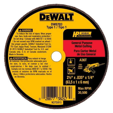DeWALT DW8719 - HP 4 Type 1 Die Grinder Cut-Off Wheel (1/16 Thickness 3/8 Arbor Aluminum Oxide)
DeWALT DW8719 - HP 4 Type 1 Die Grinder Cut-Off Wheel (1/16 Thickness 3/8 Arbor Aluminum Oxide)