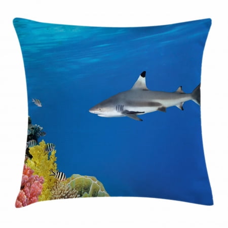 Shark Throw Pillow Cushion Cover, Tropical Underwater World with Fishes Swimming and Coral Reef Serene Wildlife Picture, Decorative Square Accent Pillow Case, 24 X 24 Inches, Multicolor, by Ambesonne
