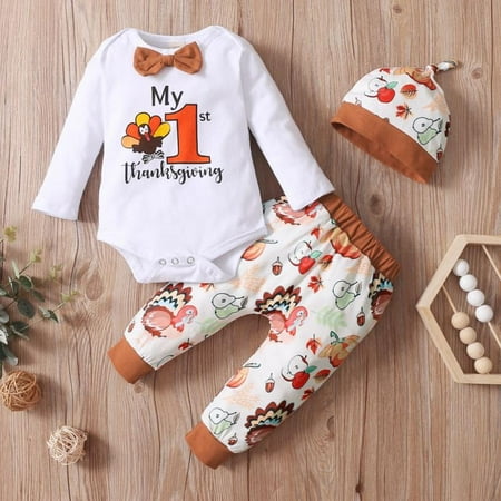 Clearance 3Pcs Lovely Baby Boy Outfits Turkey Print Romper Long Pants Hat Autumn Clothes Set My First Thanksgiving Outfits