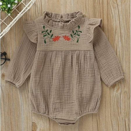 Baby Girls Romper Embroidery Flowers Back Buttons Long Sleeve Round Neck Button One-piece Jumpsuit