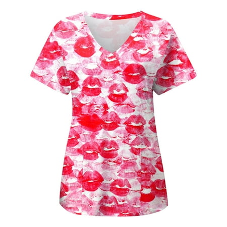 TAIAOJING Women Scrubs Tops Uniform Fashion Print Short Sleeve Pocket T Shirt Top