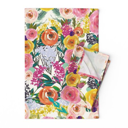 Bold Watercolor Floral Painted Linen Cotton Tea Towels by Roostery Set of 2