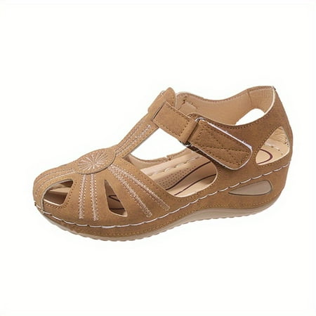 Women s Retro Wedge Sandals Closed Toe Hook & Loop Strap Soft Sole Shoes Outdoor Non Slip Sandals