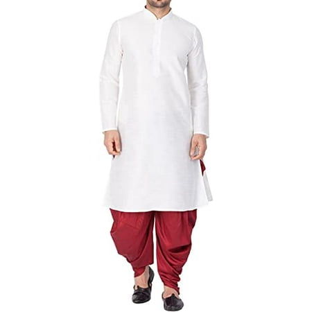 Royal Kurta Men s Silk Blend Straight Kurta Salwar Set (40 WHITE-MAROON)