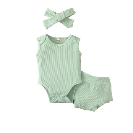 Suanret Newborn Baby Girls 3Pcs Clothes Sleeveless Button Romper Elastic Waist Shorts with Bowknot Hairband Green 6-12 Months
Suanret Newborn Baby Girls 3Pcs Clothes Sleeveless Button Romper Elastic Waist Shorts with Bowknot Hairband Green 6-12 Months