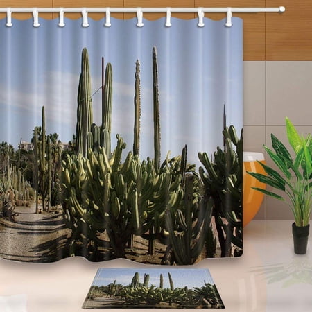 BPBOP Saguaro Cactus in Desert Prickly Pear Cactus Southwest Texas National Park Shower Curtain 66x72 inches with Floor Doormat Bath Rugs 15.7x23.6 inches