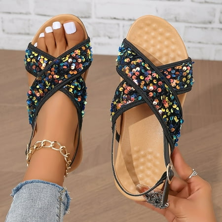 Women s Sequins Flat Sandals Crisscross Strap Open Toe Summer Buckle Strap Shoes Stylish Party Beach Sandals
Women s Sequins Flat Sandals Crisscross Strap Open Toe Summer Buckle Strap Shoes Stylish Party Beach Sandals