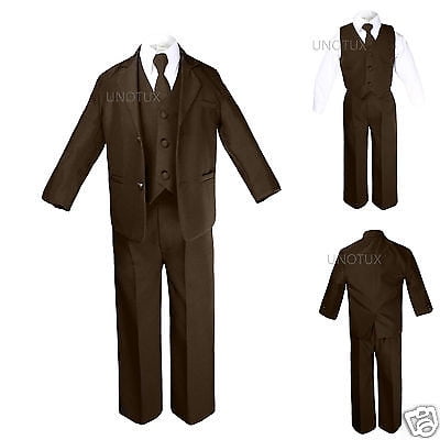 New Baby Infant Toddler Kid Formal Wedding Tuxedo Brown Boy Suit 5pc Set sz S-12