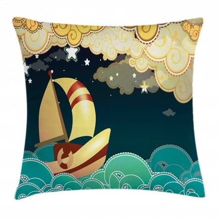 Ship Throw Pillow Cushion Cover, Kids Fairy Tale Fantasy Illustration Magical Night Time Sailing Ship on Curly Waves, Decorative Square Accent Pillow Case, 16 X 16 Inches, Multicolor, by Ambesonne
