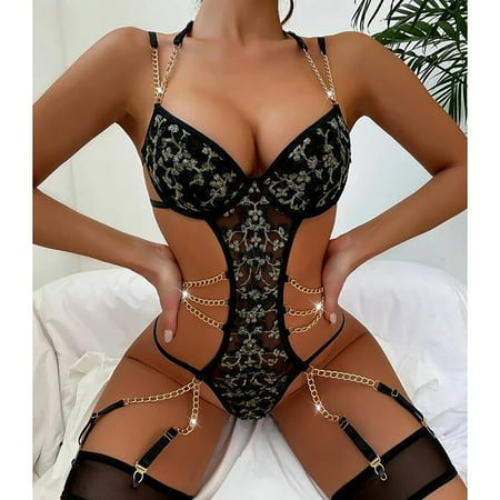 UDAXB Lingerie Women s Sexy Lingerie Mesh Lace Embroidered Lingerie One-piece Set With Underwire