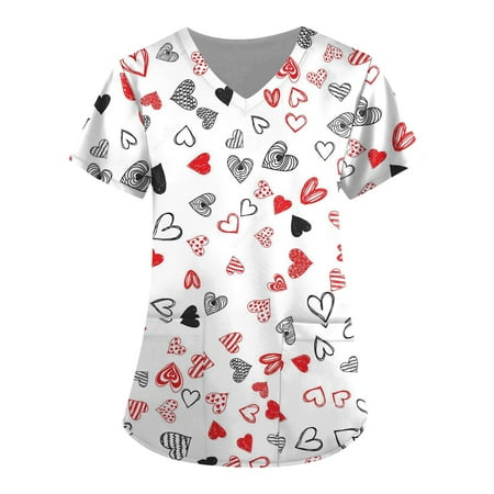 Women Valentines Scrub Tops V-Neck Short Sleeve Heart Print Graphic Nurse Scrub Uniforms Loose Career Shirts
Women Valentines Scrub Tops V-Neck Short Sleeve Heart Print Graphic Nurse Scrub Uniforms Loose Career Shirts