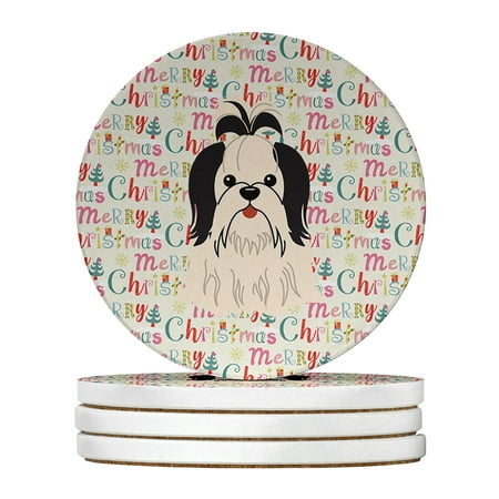 Merry Christmas Shih Tzu Black White Large Sandstone Coasters Pack of 4 4 in x 4 in