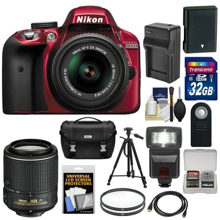 Nikon D3300 Digital SLR Camera & 18-55mm G VR DX II AF-S (Red) with 55-200mm VR II Lens + 32GB Card + Battery & Charger + Case + Flash + Tripod Kit Nikon D3300 Digital SLR Camera & 18-55mm G VR DX II AF-S (Red) with 55-200mm VR II Lens + 32GB Card + Battery & Charger + Case + Flash + Tripod Kit
