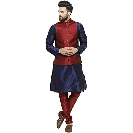 Royal Kurta Men s Silk Blend Kurta Pyjama & Nehru Jacket Set (42 Navy-Maroon-1)