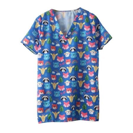 Ozmmyan Women s Scrub Tops Fashion Summer V Neck Leisure Short Sleeve Printing Nursing Tops Clearance