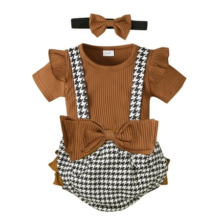 Baby Girls Short Ruffled Sleeve Solid Tops Plaid Suspender Pant With Headbands 3PCS Outfits Set
Baby Girls Short Ruffled Sleeve Solid Tops Plaid Suspender Pant With Headbands 3PCS Outfits Set