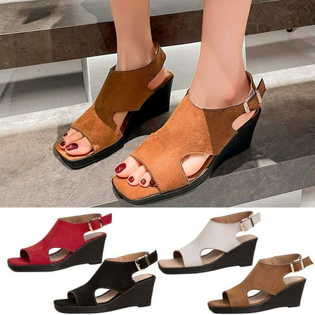 Cethrio Women s Platform Footbed Sandals- on Clearance Beach Roman Heel Fish Mouth Platform Heel Wide Width Red Dressy Sandals/ Slides Size 6