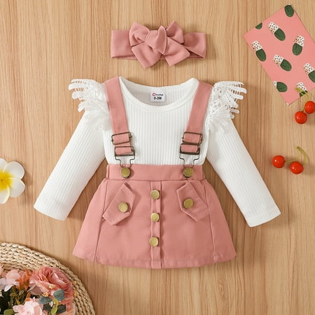 

PatPat Infant Baby Girl Flutter Sleeve Knit Romper Top Suspender Skirt Headband Outfits Set 3pcs Cute Overalls Dress Newborn Fall Clothes Set 0-18month