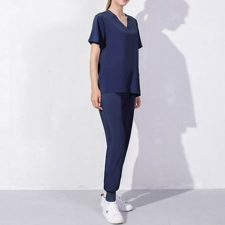 Sksloeg Womens Scrub Set Joggers V-Neck Pocket Top Uniforms Athletic Stretch Set Workwear Drawstring Pant Navy L