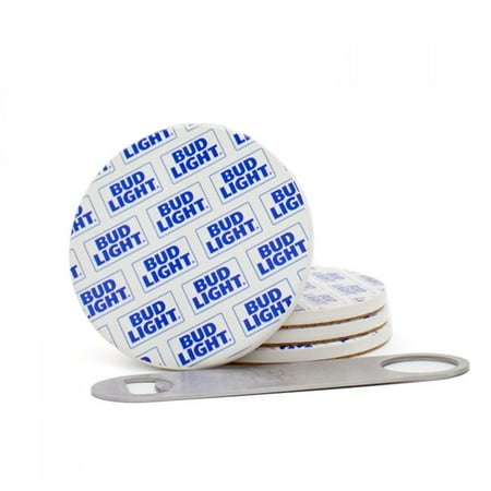 Bud Light 849070 Bud Light Logo Coaster Set with Bottle Opener - 4 Piece