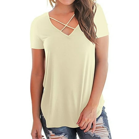 Women Short Sleeve Blouse Loose High Low Hem Casual Tops Cross V Neck Office Work Summer Tunic Shirt Basic Tee